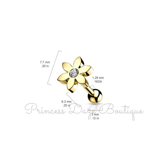 Flower With CZ Solitaire Ear Cartilage / Tragus Barbell Earring - Picture 2 of 2